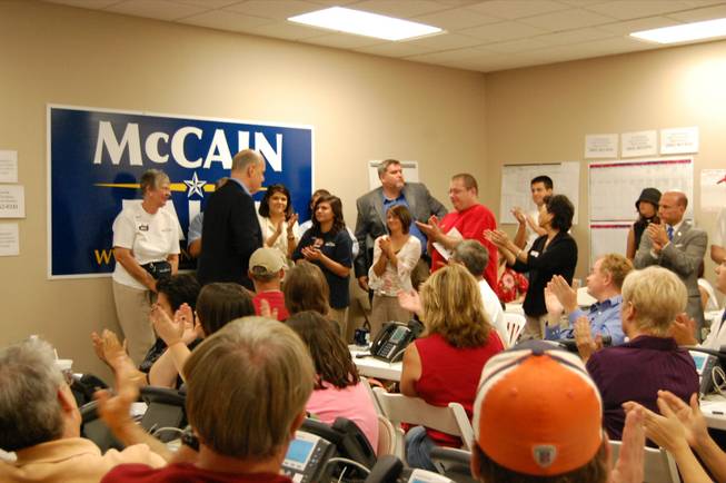 Supporters and volunteers clap for Tennessee senator Fred Thompson (R) as he finishes a speech of appreciation at the McCain-Palin headquarters in Henderson Tuesday afternoon. 