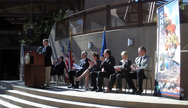 Nevada State Director Bureau of Land Management Ron Wenker introduces the panel of speakers from left, Sen. John Ensign, Congresswoman Shelley Berkley, Congressman Jon Porter, Southern Nevada Water Authority general manager Pat Mulroy and Conservation Fund Nevada-Southwest director Mike Ford at Springs Preserve for SNPLMA's 10th anniversary.