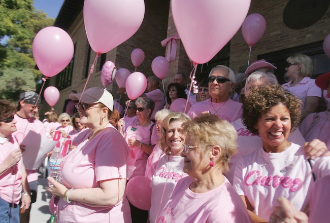Boulder City residents line up for a picture in front of City Hall on Friday in honor of Passionately Pink breast cancer day.