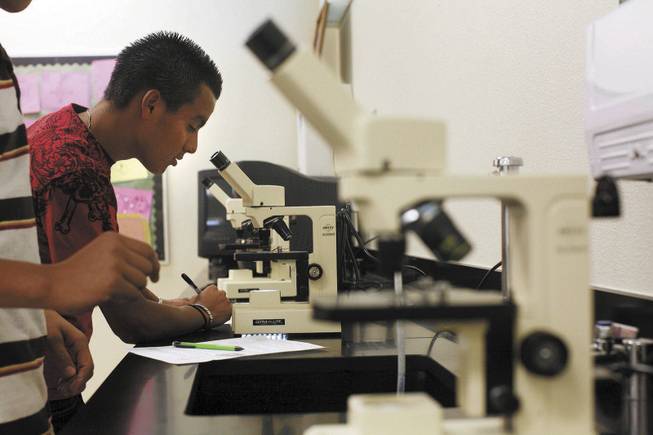 Edgar Vazquez looks at slides under the microscope during biology class at Rancho High. Parents who recently met with the school's principal said they wanted to protect block scheduling at Rancho.