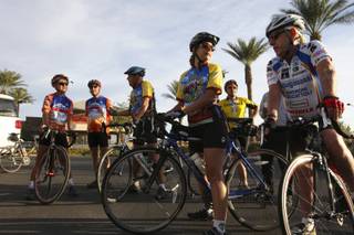 Las Vegas Valley Bike Club cyclists gather at Town Center and West Charleston at 8 a.m. as they prepare for their 50-mile ride through Red Rock Canyon and Blue Diamond Saturday.