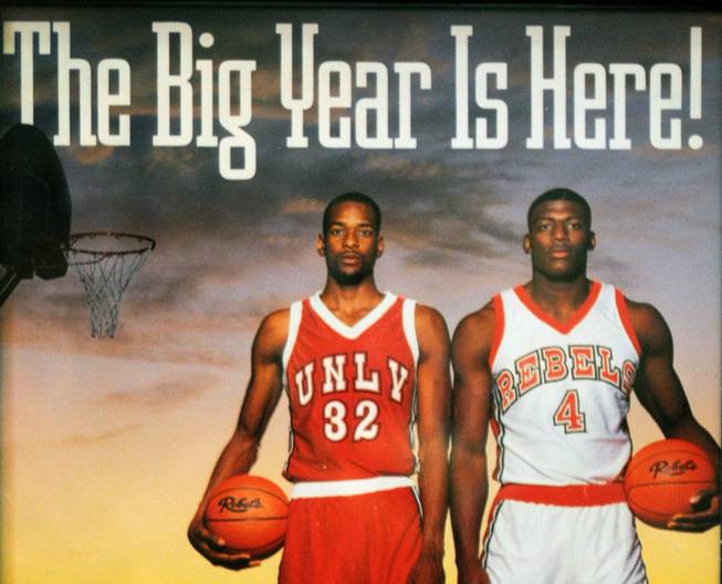A preview poster from UNLV's 1989-90 basketball season shows Rebels Stacey Augmon and Larry Johnson posing with the help of a picturesque Las Vegas sunset in the background.
