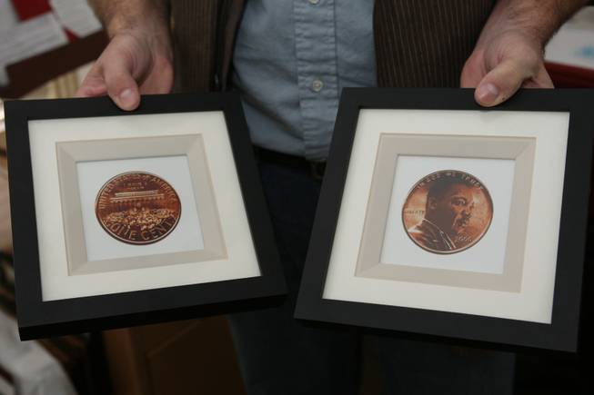 Dorgan shows his design for a Rev. Martin Luther King Jr. penny, with "I have a dream" instead of "e pluribus unum" and the crowd for his speech at the Lincoln Memorial.