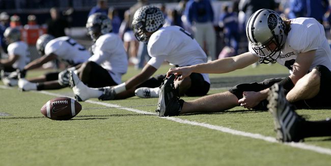 The Palo Verde Panthers stretch before the state final game against the McQueen Lancers for the 4A Nevada championship Saturday at the Mackay Stadium in Reno, Nevada. The Lancers beat the Panthers, 13-12.
