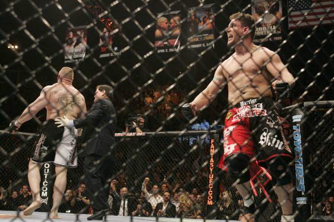Former UFC heavyweight champion Frank Mir celebrates his first-round victory over Brock Lesnar on Feb. 2, 2008 at UFC 81 at the Mandalay Bay Events Center.