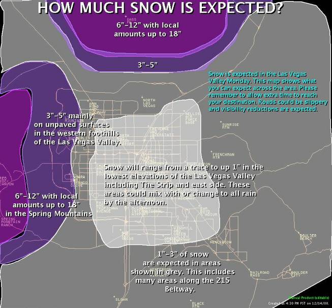 This National Weather Service graphic shows the forecasts for snow accumulations expected Monday in the Las Vegas Valley.