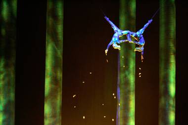 Sarah Guyard-Guillot, left, and Sami Tiaumassi perform as “Forest People” during Cirque du Soleil’s “Ka” at MGM Grand on Friday, Nov. 28, 2008.