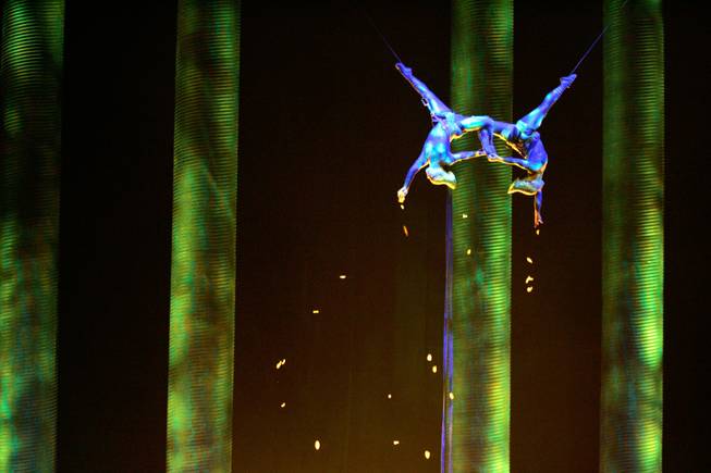 Sarah Guyard-Guillot, left, and Sami Tiaumassi perform as "Forest People" during Cirque du Soleil's "Ka" at MGM Grand on Friday, Nov. 28, 2008.