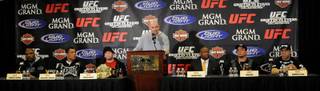 UFC president Dana White introduces the main event fighters for UFC 92 at a press conference Tuesday afternoon at the MGM Grand, site of Saturday's stacked card featuring a light heavyweight title bout between Forrest Griffin and Rashad Evans, as well as an interim title match with Antonio 