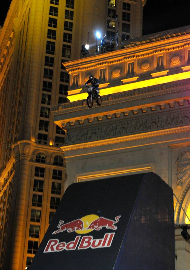 Robbie Maddison jumps off the Arch De Triumph at the Paris Las Vegas on New Year's Eve.