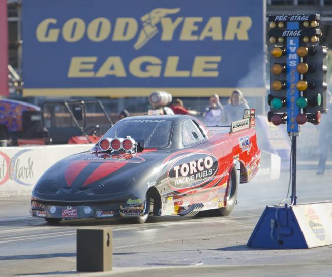 Drag Racer and Henderson resident Jessica Cherniack makes a test run in her top alcohol funny car during the Blast-off Open Test Session at the Las Vegas Motor Speedway on Sunday.
