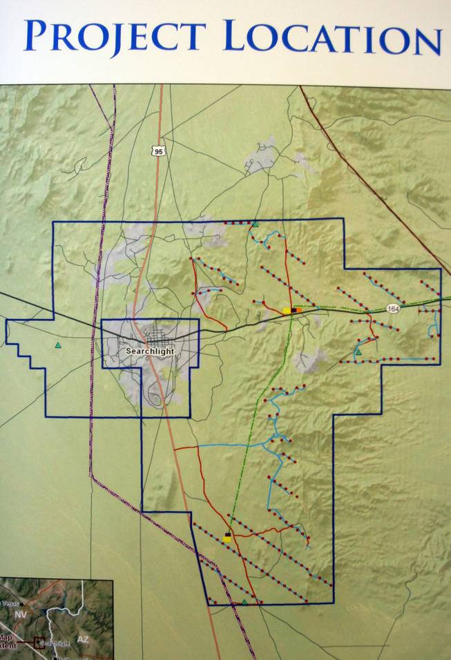 A tentative map outlines where Searchlight Wind Energy might build 160 wind turbines and new roads, east of Searchlight.