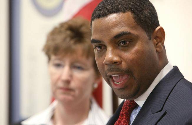 Senate Majority Leader Steven Horsford and Assembly Speaker Barbara Buckley, both Democrats, discuss the budget in Carson City earlier this session. 