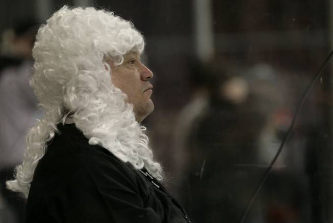 The goal judge wears a judge uniform during "Rod Blagojevich Prison Uniform Night," Friday, Jan. 30, 2009, as the Wranglers take on the Bakersfield Condors at the Orleans Arena.