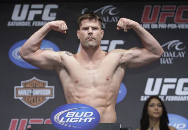 Brian Stann flexes on the scale during an official weigh-in for UFC 109 at the Mandalay Bay Events Center Friday, February 5, 2010. STEVE MARCUS / LAS VEGAS SUN