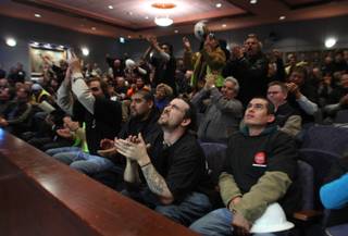 Members of Laborers Union Local 872 applaud as the Las Vegas City Council unanimously authorized a 
