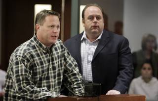 Christian Peterson, left, of Wisconsin enters a plea of not guilty during his arraignment at the Regional Justice Center Monday, February 22, 2010. With Peterson is attorney Chris Rasmussen. Peterson was indicted in connection with gambling markers totaling $3.75 million at two Las Vegas casinos.