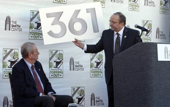 Myron Martin, right, Smith Center president and CEO, announces the street address of the center to Fred Smith, chairman of the Donald W. Reynolds Foundation, during a topping-off ceremony for the Smith Center for the Performing Arts in downtown Las Vegas Thursday, February 25, 2010. The number commemorates the Smith's marriage anniversary (March 1961). The center is named after Fred Smith and his wife Mary.