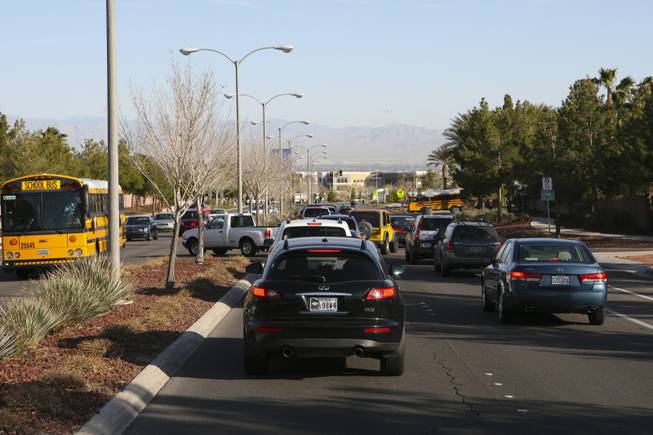 Northbound traffic on Green Valley Parkway backs up Thursday morning as it is detoured southbound due to a gas leak located at Paseo Verde Parkway and Green Valley Parkway.