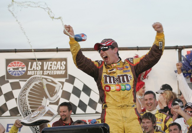 Kyle Busch celebrates winning the Shelby 427 NASCAR Sprint Cup Series race on Sunday.