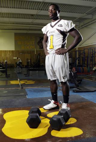 Bonanza High School football player DaSean Martin poses in the Bengals weight room Tuesday, March 2, 2010. 