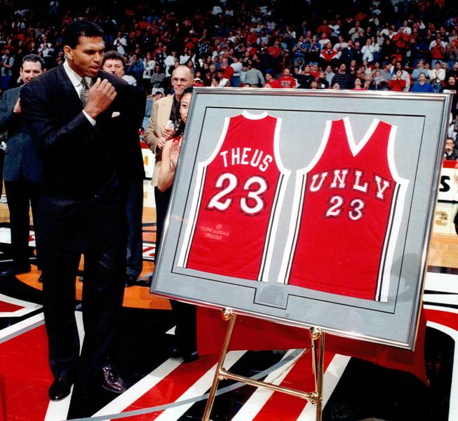 Reggie Theus during his jersey retirement ceremony at the Thomas & Mack Center in 1997. Theus and "Hardway Eight" teammate Glen "Gondo" Gondrezick both had their jerseys retired on the same night.  