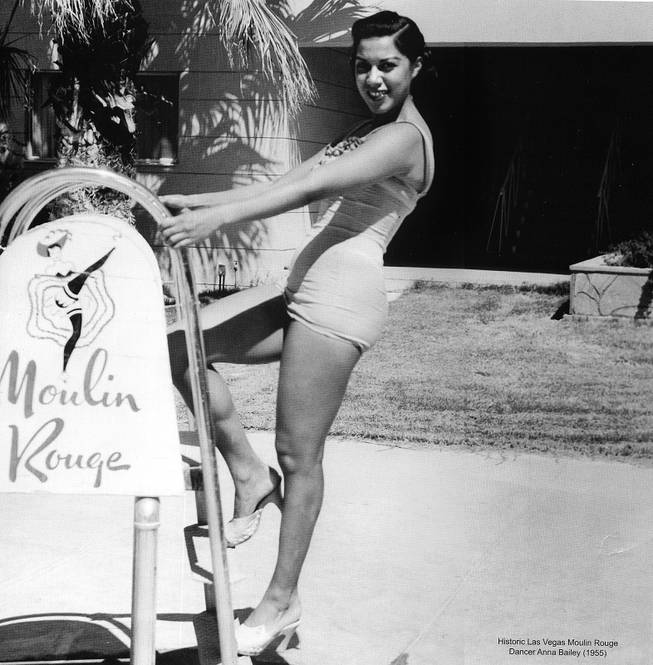 Dancer Anna Bailey at the Moulin Rouge pool in 1955. The photograph is included in the 2007 Historic Black Entertainment Calendar published by Kimberly Bailey Tureaud and her husband Charles. Anna Bailey is Kimberly Bailey Tureaud's mother. 