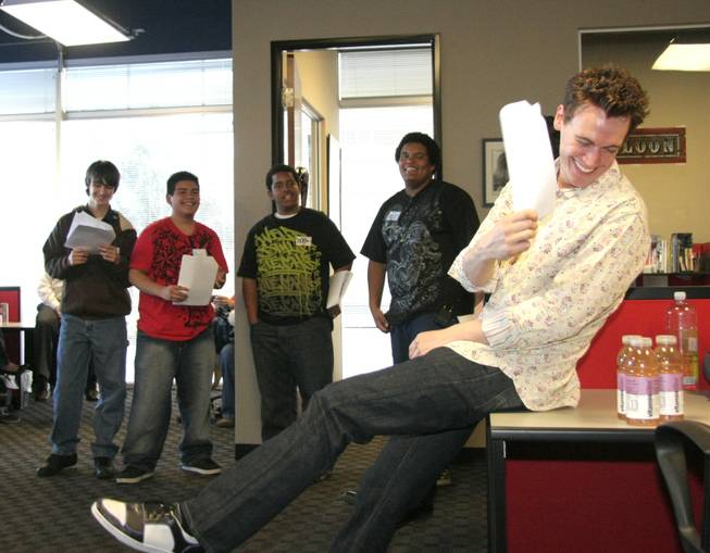 Erich Bergen, a member of the "Jersey Boys" cast, laughs with student actors Tuesday at the CineVegas headquarters in Henderson.