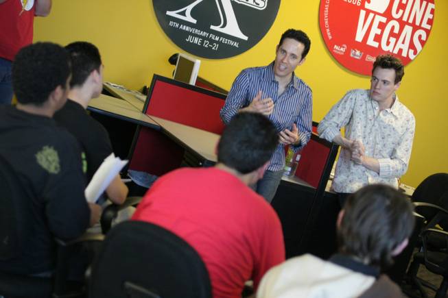 "Jersey Boys" actors Jeff Leiben, left, and Erich Bergen laugh and give student actors some tips Tuesday at the CineVegas offices in Henderson. Seven local high school students are part of a film project that will take
them to the red carpet of the CineVegas Film Festival this summer.