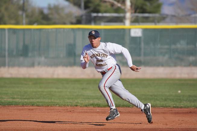Boulder City center fielder Devin Combs rounds the bases during running drills in preparation for the upcoming season.
