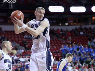 Lee Cummard grabs a rebound as Air Force takes on BYU on Thursday in the Mountain West Conference tournament at the Thomas & Mack Center. 