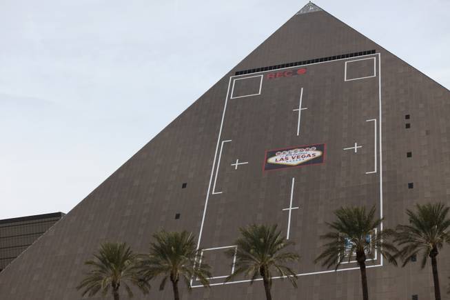 The new ad on the side of the Luxor, designed by Sky Tag, a building-wrap design firm, is modeled after a camera screen, with a recording light at the top and the "Welcome to Fabulous Las Vegas" sign focused in the center of the frame. The ads are featured on both the west and south sides of the pyramid.