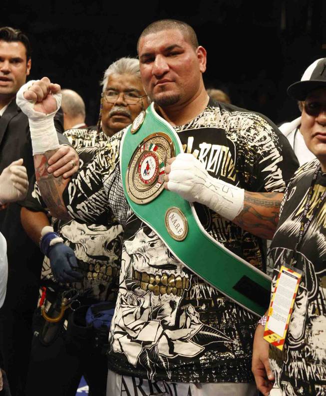Boxer Chris Arreola celebrates his fourth-round KO victory over Jameel McCline during a heavyweight title fight at the Mandalay Bay Events Center April 11, 2009.