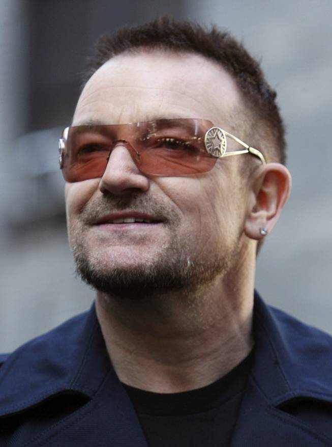 Musician Bono of the band U2 was at a ceremony, Tuesday, March 3, 2009 in New York, where part of Manhattan's West 53rd Street was temporarily renamed after the band. 