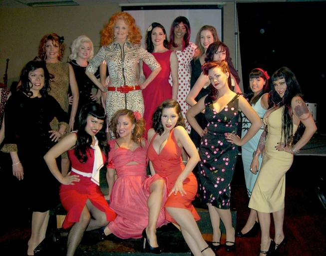 Burlesque queen Tempest Storm, 81, with Bettie Page look-alikes at Bugsy's Nightclub.