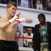 Light welterweight boxer Ricky Hatton of England shadow boxes as trainer Floyd mayweather Sr. looks on during a media workout in Las Vegas, Nevada Thursday, April 16, 2009.