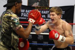 Light welterweight boxer Ricky Hatton, right, of England works on his timing with trainer Floyd Mayweather Sr. during a media workout in Las Vegas, Nevada Thursday, April 16, 2009. Hatton will face Manny Pacquiao of the Philippines at the MGM Grand Garden Arena in Las Vegas on May 2.