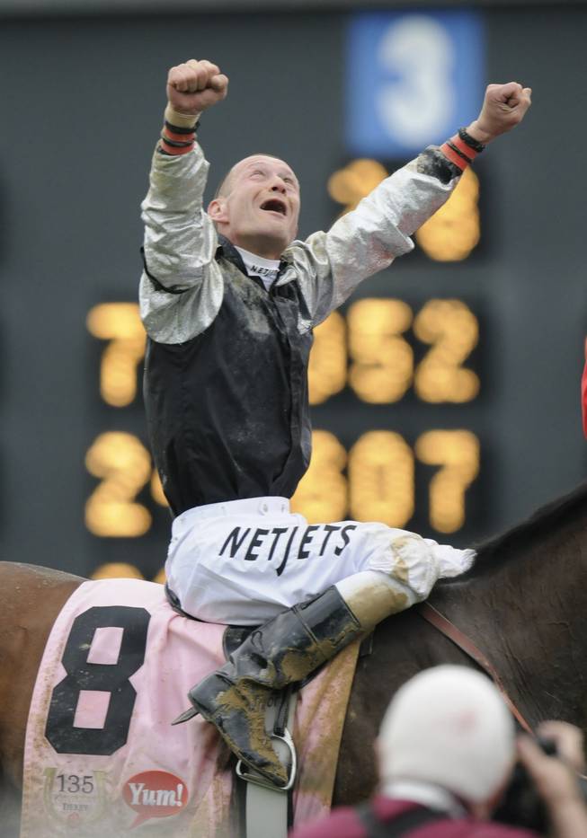 Calvin Borel reacts after riding Mine That Bird to a victory in the 135th Kentucky Derby horse race at Churchill Downs on Saturday in Louisville, Ky.