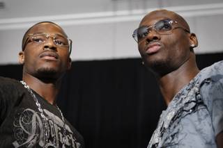 IBF light heavyweight champion Chad Dawson, left, and former champion Antonio Tarver pose during a news conference at the Hard Rock hotel Thursday, May 7, 2009. Dawson will attempt to retain the title that he took from Tarver when the boxers meet for a rematch at the Hard Rock on Saturday.  