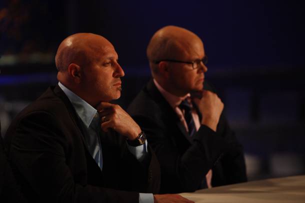 The baldies strike a pose. Head judge Tom Colicchio (left) welcomed back British food critic Toby Young for his first episode of the sixth season.