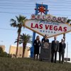 County and state officials announced on Thursday that earlier this month, the 50-year-old "Welcome to Las Vegas" sign had been added to the National Register of Historic Places. From left to right: Clark County Manager Virgina Valentine, Clark County Commission Chairman Rory Reid, Nevada Historic Preservation Officer Ron James and YESCO Vice President and General Manager John Williams.