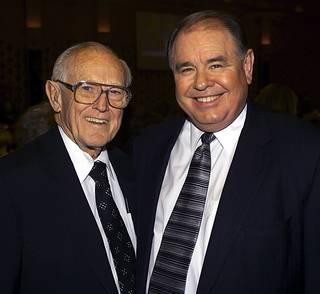 Casino owners Jackie Gaughan, left, and his son Michael Gaughan pose together at a luncheon honoring the elder Gaughan on Thursday, May 4, 2000, at The Orleans.