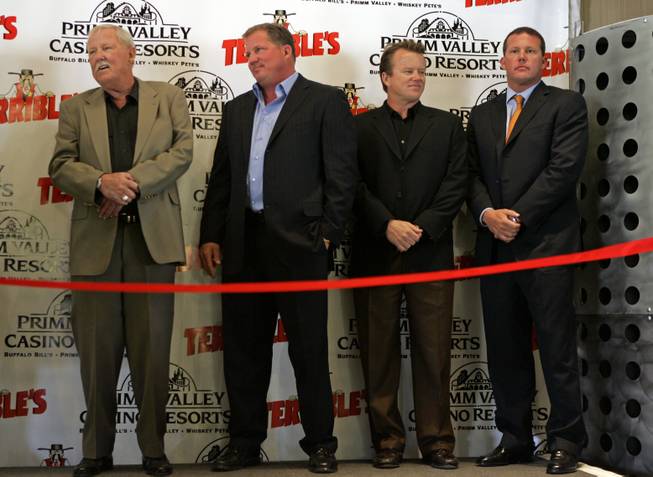 Jerry Herbst, founder of Herbst Gaming, and his sons (L-R) Ed, Tim and Troy attend a ceremony marking the Herbst Gaming takeover of the three Primm casinos in spring 2007. 