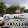 North Las Vegas Ward 3 candidate Angelo Carvalho pauses for a photo as he greets voters Tuesday outside the Silver Mesa Community Center.
