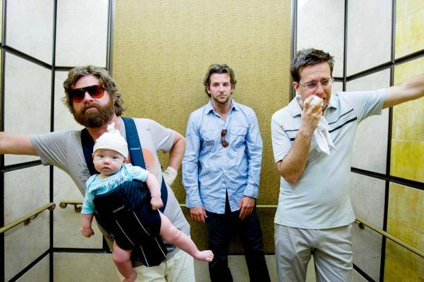 Three men and a baby: Zach Galifianakis, Bradley Cooper and Ed Helms in <em>The Hangover</em>.