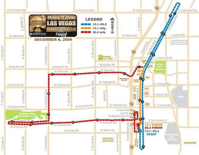 The new route for the 2009 Rock 'n' Roll Las Vegas Marathon and half-marathon will shut down the entire Strip.
