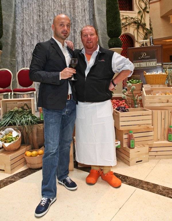 Joe Bastianich and Chef Mario Batali at Mario Batali's farmers market Bet on the Farm in the Palazzo.