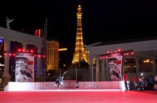Ryan Kesler, of the Vancouver Canucks, skates in front of Caesars Palace Tuesday as NHL 2K10 holds the first ever outdoor motion capture session.