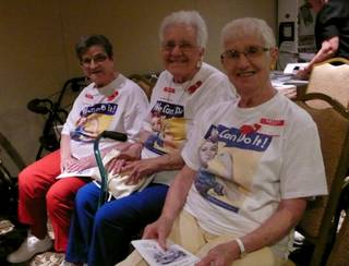 Leona Bartholomey, 85, Marie Riley, 83, and Vera Green, 85, proudly wear their 