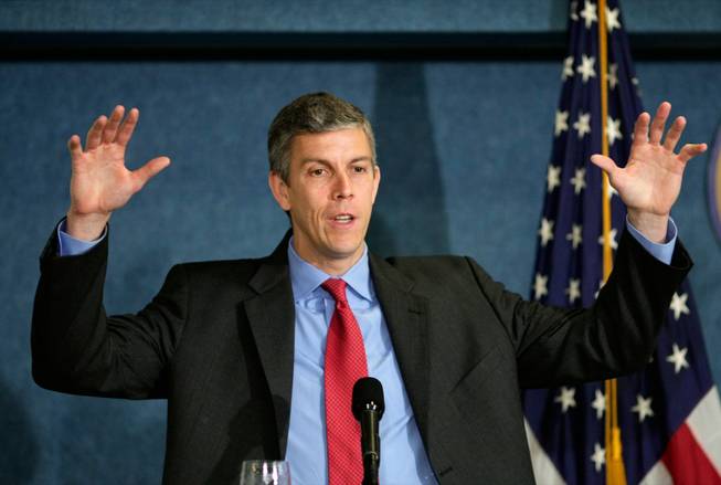 Education Secretary Arne Duncan talks about education reform during a speech at the National Press Club in Washington on May 29. Duncan plans to give $4.35 billion to states that use the most innovation in the first round of stimulus spending, and officials here are concerned that Nevada will miss out because of its conservative spending. 